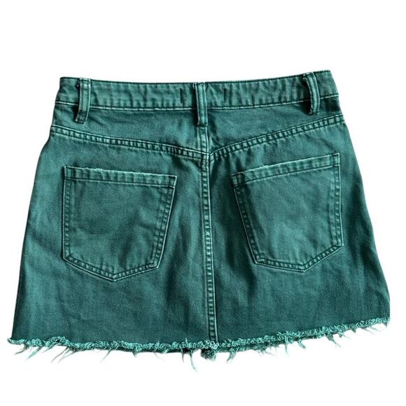Free People Turquoise Green Denim Mini Skirt – Raw Hem Front Zip Vintage Grunge - Picture 3 of 5